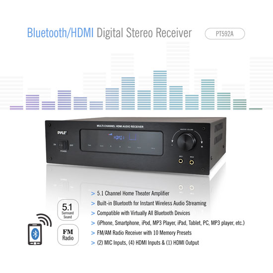 Pyle PT592A Bluetooth 5.1 Channel HDMI Digital Stereo Receiver Amplifier with AM/FM Radio, 4
